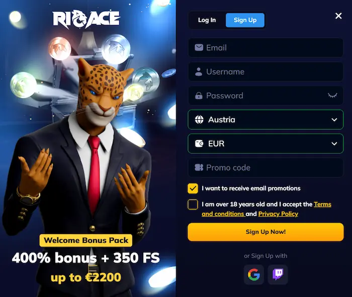 RioAce Pokies signup